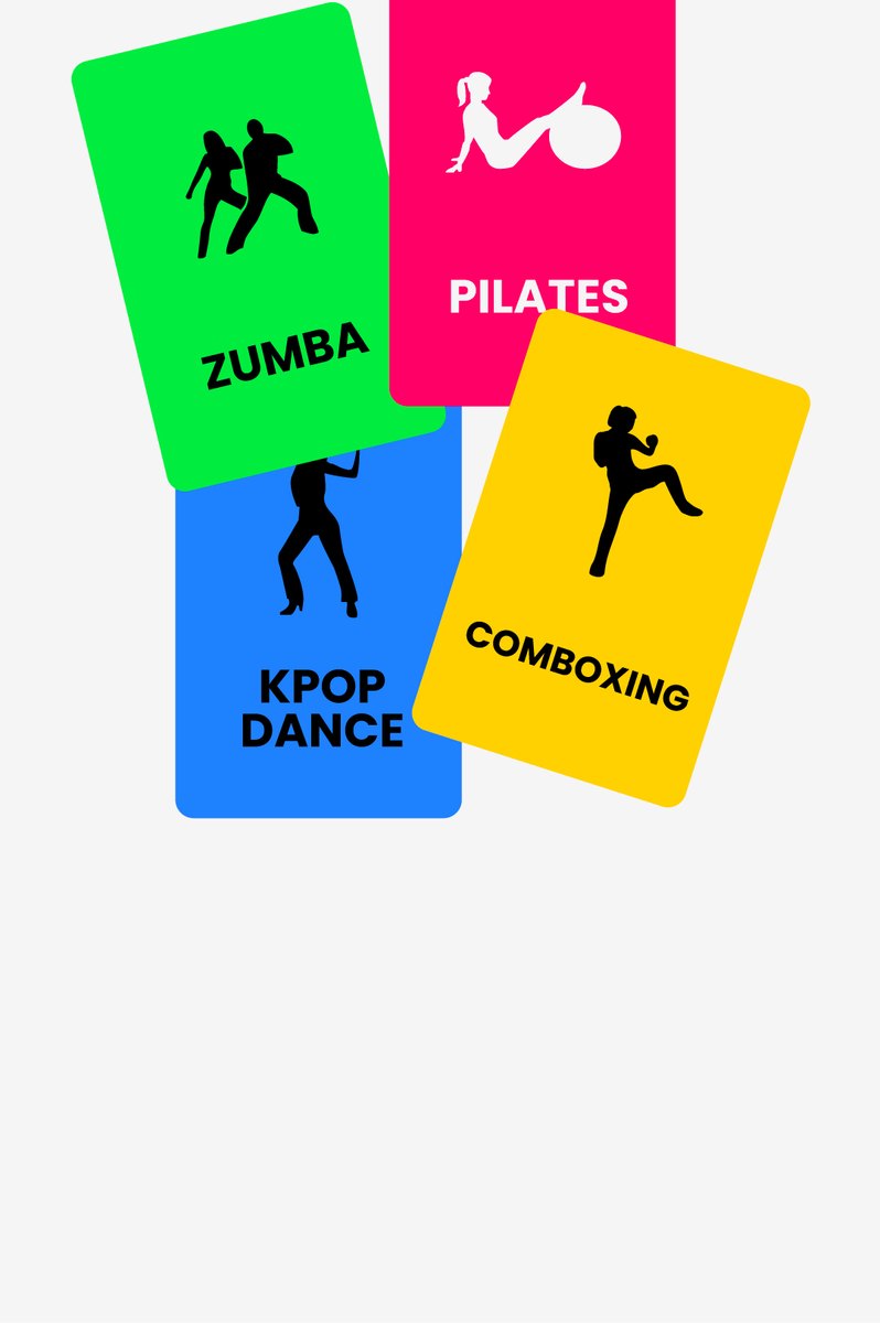 Zumba, Pilates, KPop Dance and Comboxing class cards